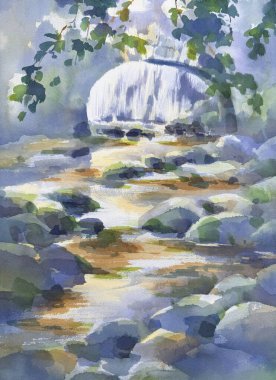 Bir şelale ve suluboya arka planda kemerli bir köprü. Elle boyanmış resim