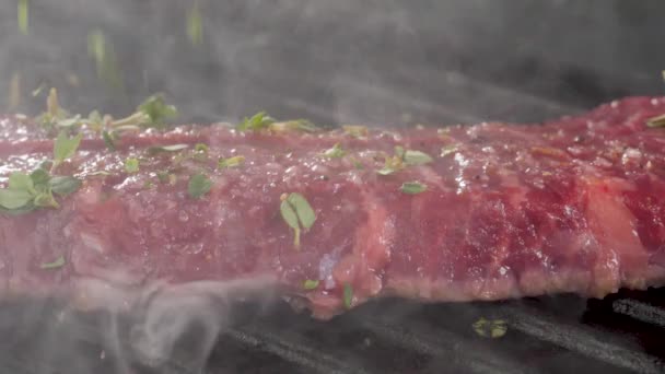 Espolvorea el condimento en un bistec — Vídeo de stock