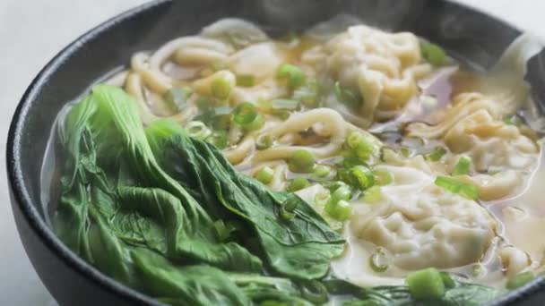 Heiße chinesische Wonton Nudelsuppe — Stockvideo