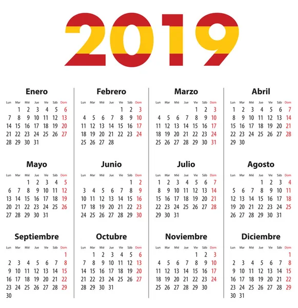 Іспанська Календар 2019 Понеділках Перший Сітка Календаря Друку Веб Дизайн — стоковий вектор
