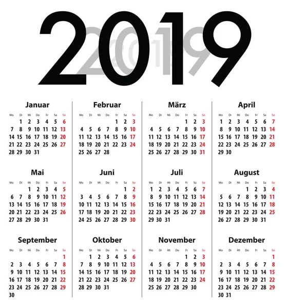 Grille Calendrier Allemand Deutsch Pour 2019 Idéal Pour Impression Calendrier — Image vectorielle