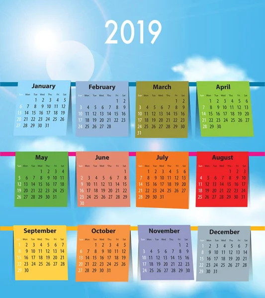 Kalender För 2019 Som Tvätt Clothline Söndagar Första — Stock vektor