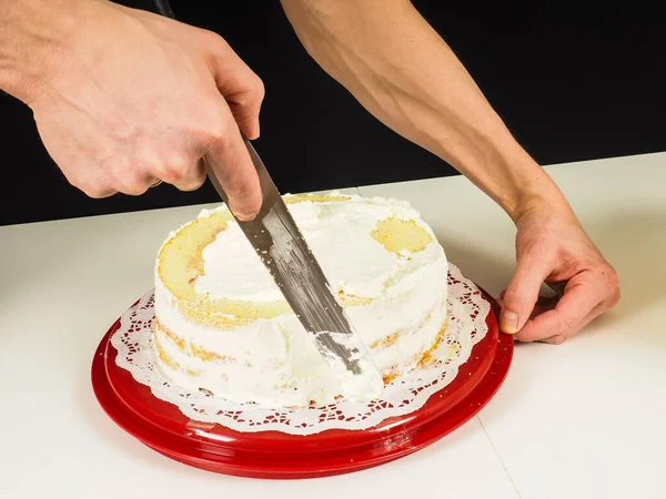 Person Creating Layer Cake Red Plastic Tray — Stock Photo, Image