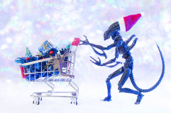 MAGNITOGORSK, RUSSIA - December, 22 2017: christmas figurines, which represents a character of the movies and computer games series `Alien`. Illustrative editorial.