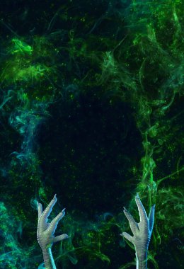 Tavuk ayağı ve büyülü bir yer, metniniz için dumanla kavramsal fotoğrafı