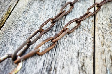 Eski metal zincir ve eski ahşap desenli arkaplan ve metin için boş yer.                               