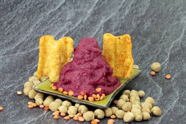 Rote Bete Hummus Mit Linsenstückchen Reinem Protein — Stockfoto