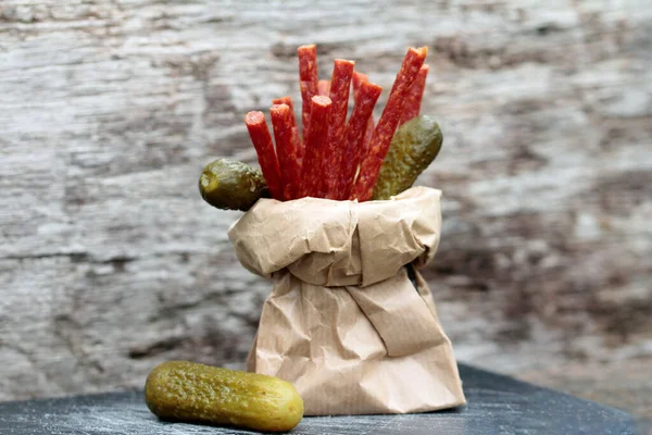 Pickled Cucumber Salami Sticks — Stock Photo, Image
