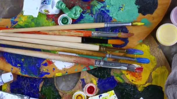 Pincéis Tintas Para Desenhar Fundo Paleta — Vídeo de Stock