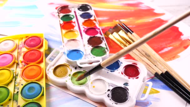 Paint Brushes Watercolor Paints Motion Table — Stock Video