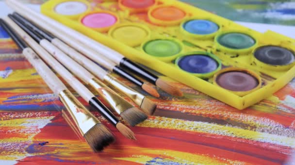 Paint Brushes Watercolor Paints Motion Table — Stock Video