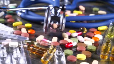 Tıbbi şırınga ve çok renkli tablet masanın üzerinde döndürmek