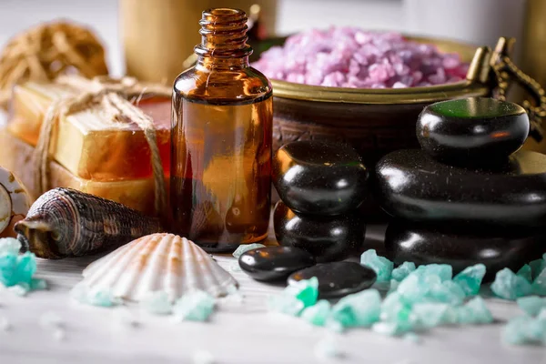 Elemente Für Die Wellness Massage Der Zusammensetzung Auf Dem Tisch — Stockfoto