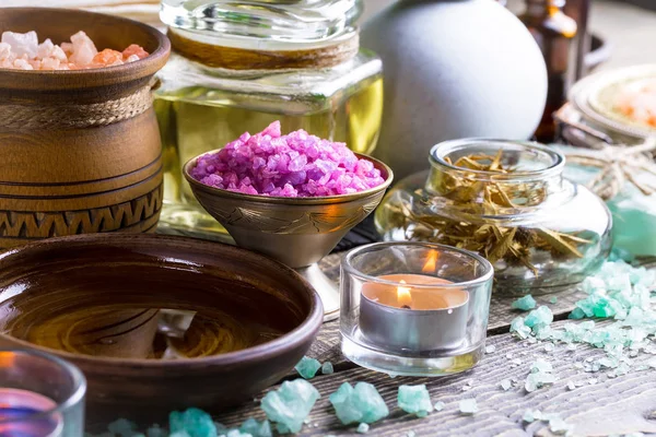 Artículos Para Masaje Spa Composición Sobre Mesa — Foto de Stock