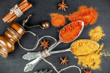 Baharat ve baharat kompozisyon masada yemek pişirmek için