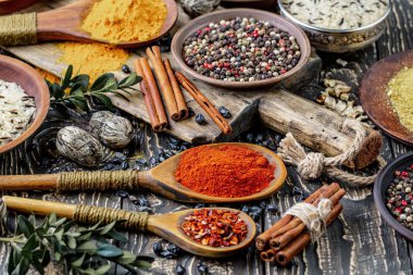 Baharat ve baharat kompozisyon masada yemek pişirmek için