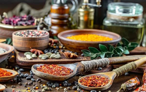 Spices Seasonings Cooking Composition Table — Stock Photo, Image