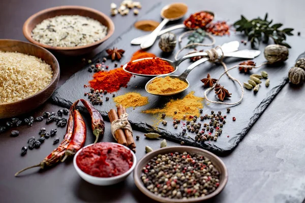 Spices Seasonings Cooking Composition Table — Stock Photo, Image