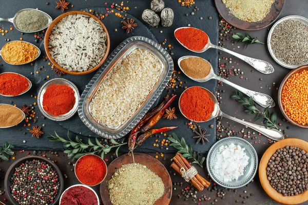 Spices Seasonings Cooking Composition Table — Stock Photo, Image