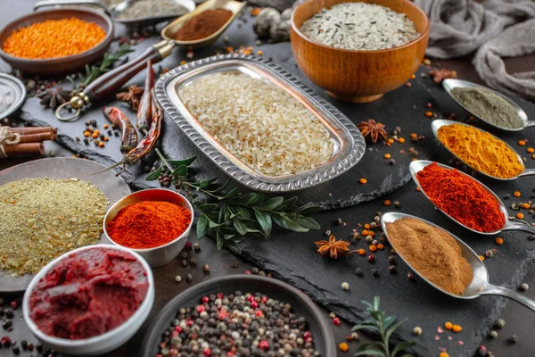 Spices Seasonings Cooking Composition Table — Stock Photo, Image