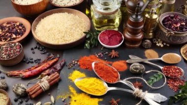 Baharat ve baharat kompozisyon masada yemek pişirmek için