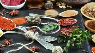 Baharat ve baharat kompozisyon masada yemek pişirmek için