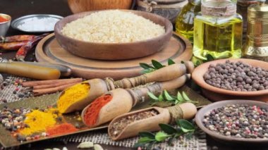 Baharat ve baharat kompozisyon masada yemek pişirmek için