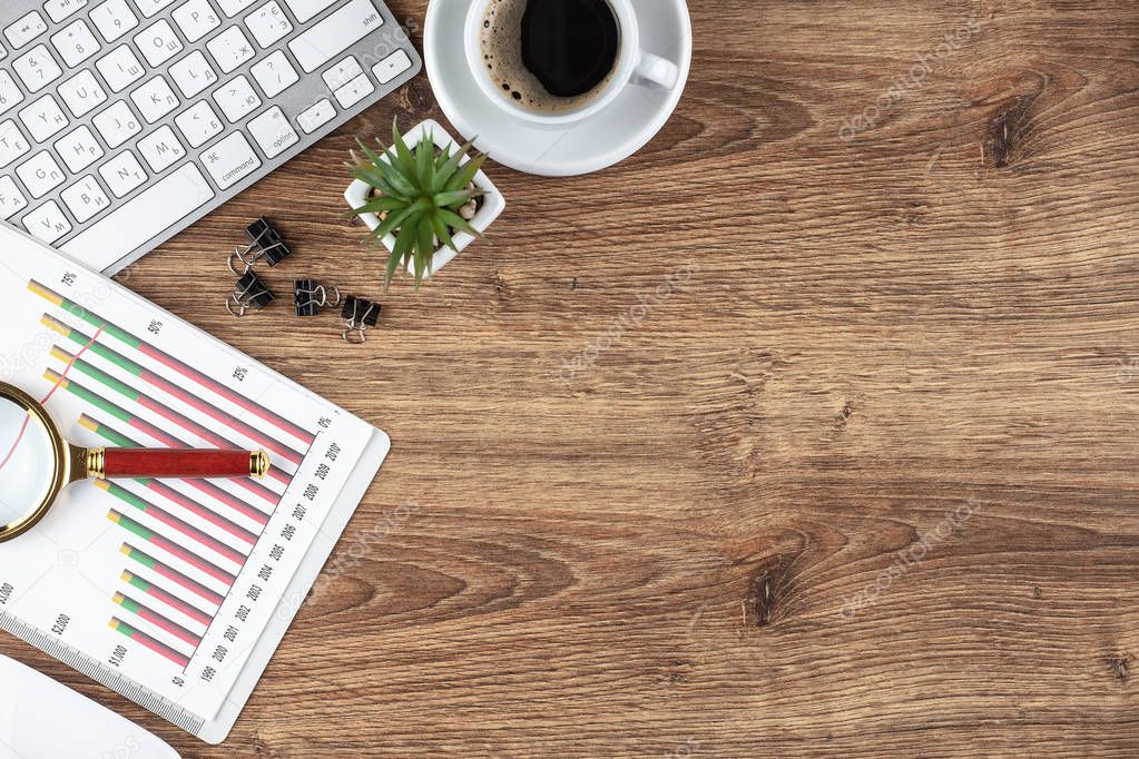 Items for business on a light background on the table, view from the top