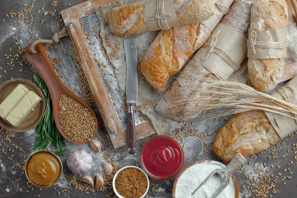 Produtos Pão Mesa Composição — Fotografia de Stock