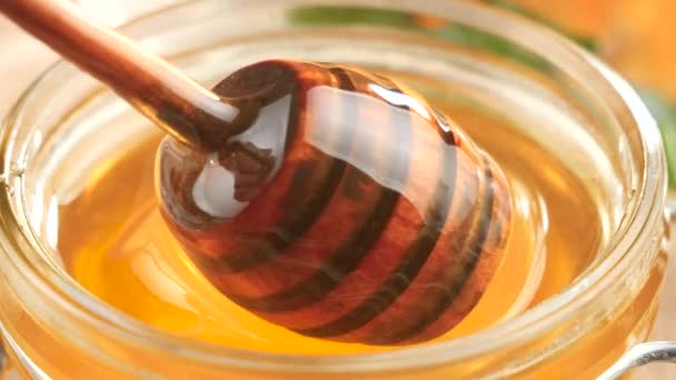 Een Houten Honingstokje Draait Langzaam Honinggronden — Stockvideo