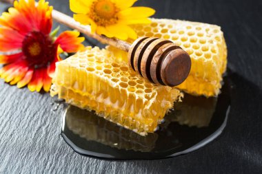 Arı balı kavanozda, çiçekli, eski arka planda..