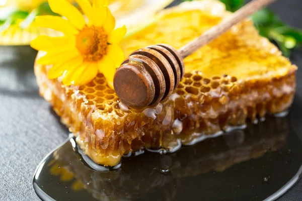 Bijenhoning Een Pot Met Een Bloem Oude Achtergrond — Stockfoto