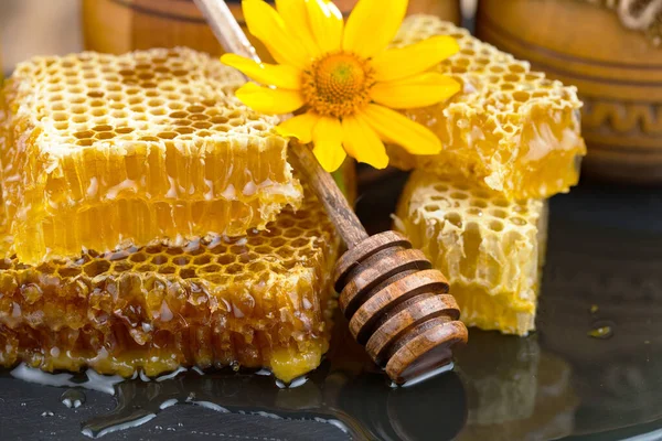 Mel Abelha Jarro Com Uma Flor Fundo Velho — Fotografia de Stock