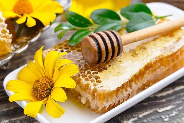 Bee Honey Jar Flower Old Background — Stock Photo, Image