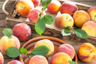 Eski bir arkaplanda olgun şeftaliler