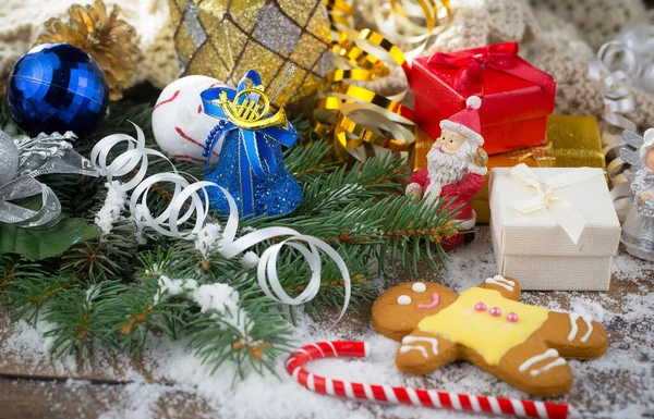 Καλά Χριστούγεννα Κάρτα Δώρα Και Καφέ Και Χριστουγεννιάτικα Στολίδια — Φωτογραφία Αρχείου