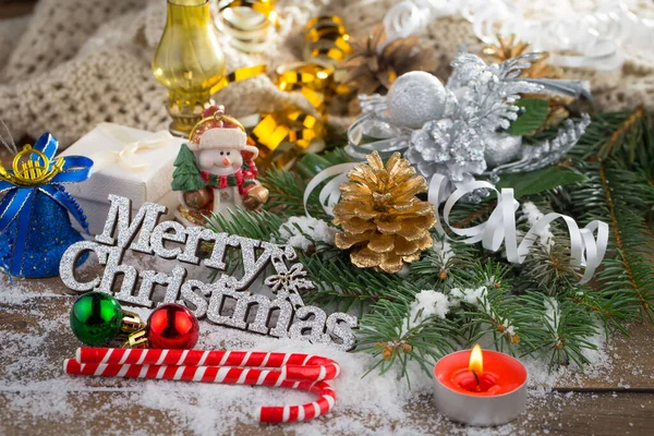 Feliz Cartão Natal Com Presentes Café Decorações Natal — Fotografia de Stock