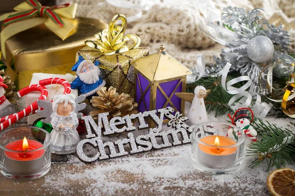Feliz Cartão Natal Com Presentes Café Decorações Natal — Fotografia de Stock