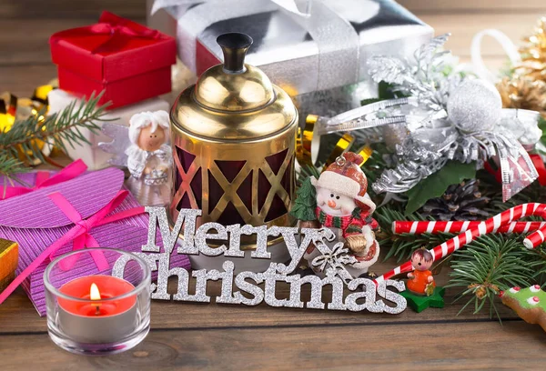 Feliz Natal Feliz Ano Novo Cartão Postal Com Presentes Decorações — Fotografia de Stock
