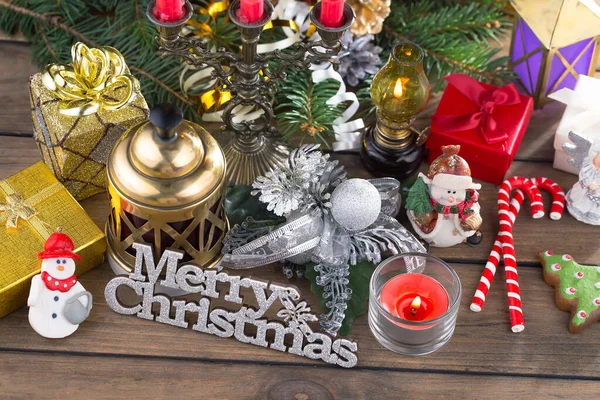Feliz Natal Feliz Ano Novo Cartão Postal Com Presentes Decorações — Fotografia de Stock