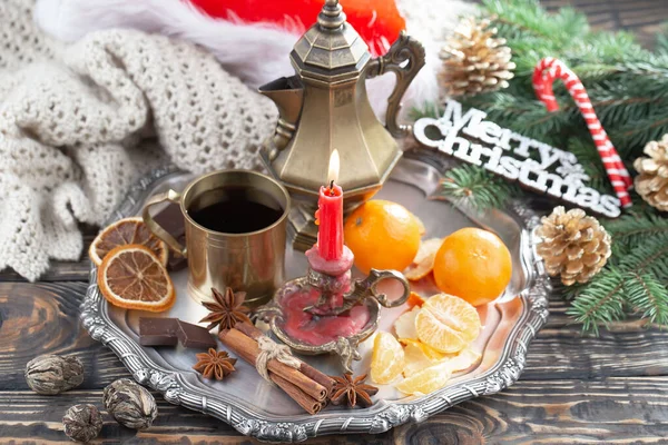 Feliz Tarjeta Navidad Con Regalos Café Decoraciones Navidad — Foto de Stock