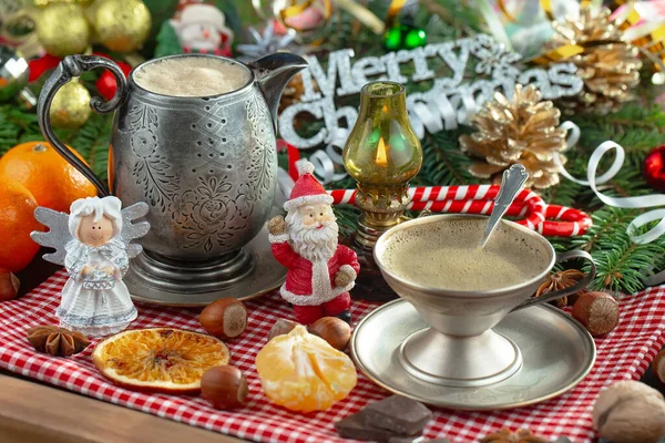 Vrolijke Kerstkaart Met Geschenken Koffie Kerstversiering — Stockfoto