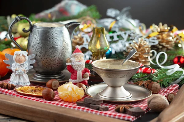 Wesołych Świąt Kartka Prezentami Kawa Dekoracje Świąteczne — Zdjęcie stockowe