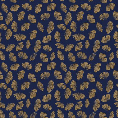 Gingko kusursuz vektör deseni. Mavi porselen arka plan. Altın ginko siluet desenli bırakır. Çiçekli Japon taslak süsü.