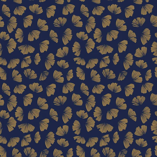 Gingko seamless vector pattern. Blue china background. Gold ginko leaves silhouette pattern. Floral Japanese outline ornament. — Stock Vector