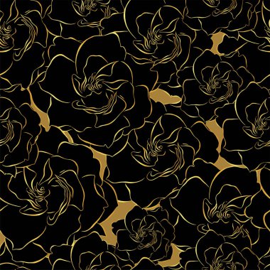 Altın Art deco kusursuz deco desen. Gardenya metali kaplamalı, gardenya, siyah ve altın kaplama. Çiçek Vektörü illüstrasyonu. Soyut yüzey çiçekli desen tasarımı. 