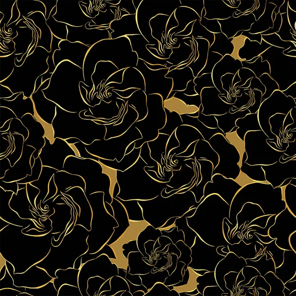 Oro Art deco patrón sin costuras. Gardenia forrada Contorno metálico gardenia en fondo negro y dorado. Flores Ilustración vectorial. Diseño de patrón floral superficial abstracto. — Vector de stock