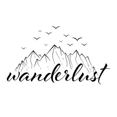 Gezgin şehvetli dağ, siyah üstüne beyaz. Kuşlu macera ikonu. Vektör illüstrasyonu. 