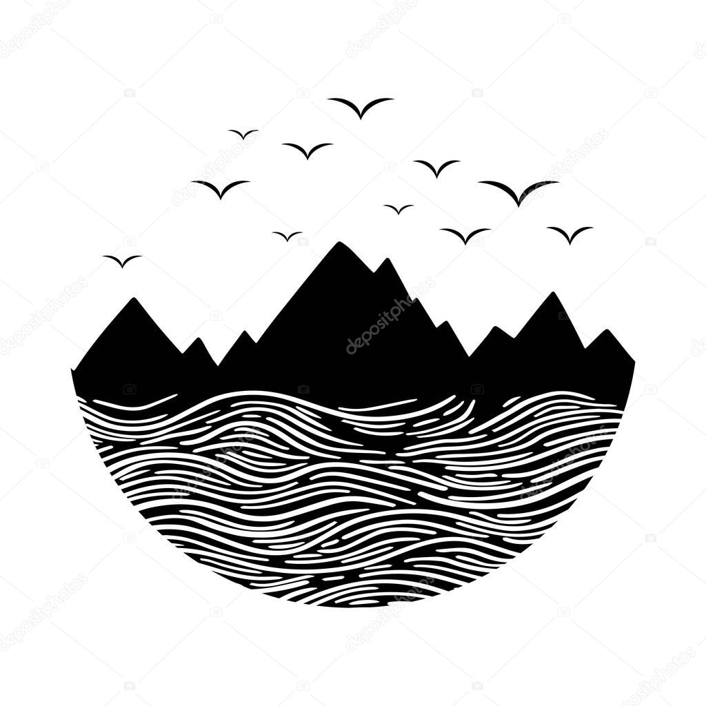 Mountain and sea black on white. Wanderlust adventure travel circle icon with birds. Black Vector illustration.