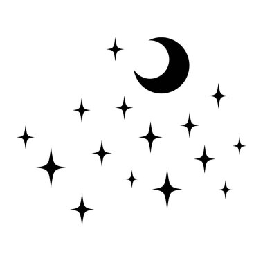 Kara vektör yıldızlar ve ay. Beyaz renkte en az parlaklıklar. 